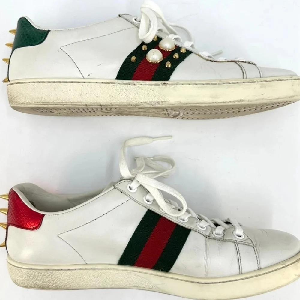 Gucci Sneakers Leather Ace Sherry Line Pearl Studs Size 36.5